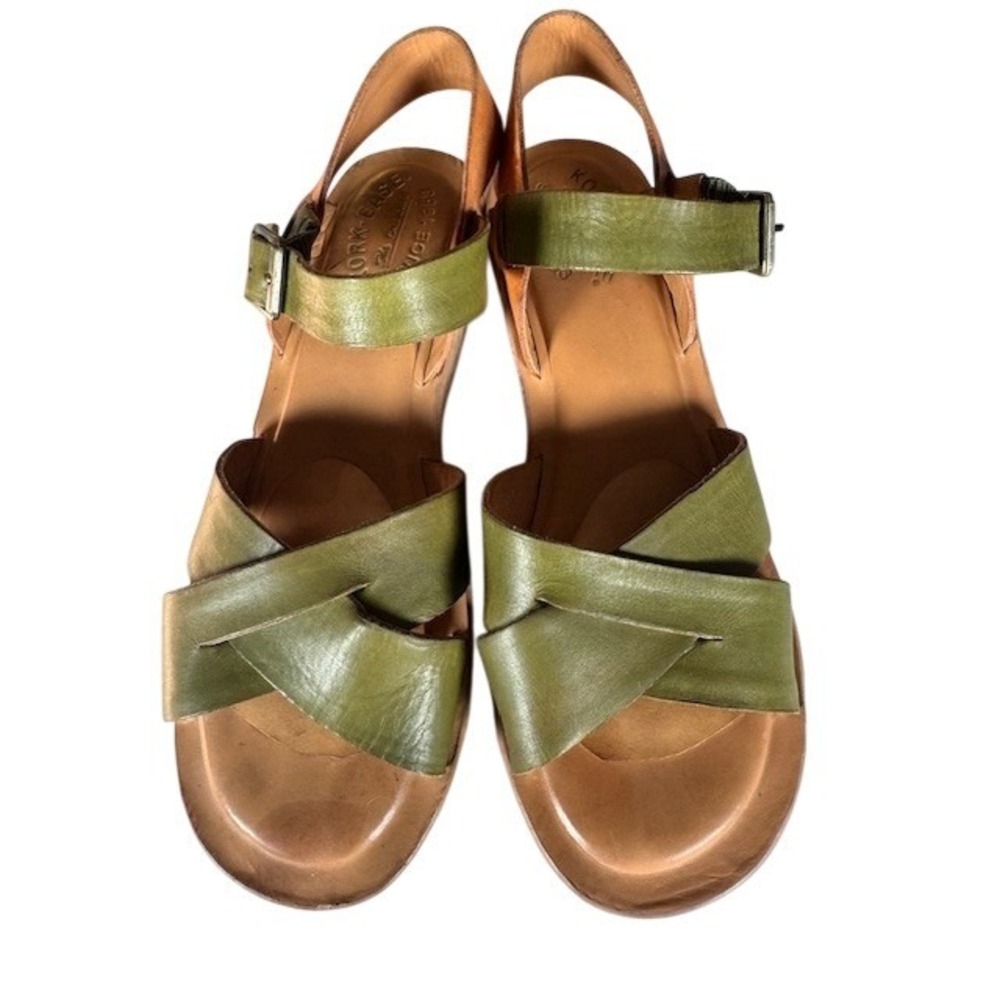 Kork-Ease Olive Green and Tan Leather Slingback Sandals